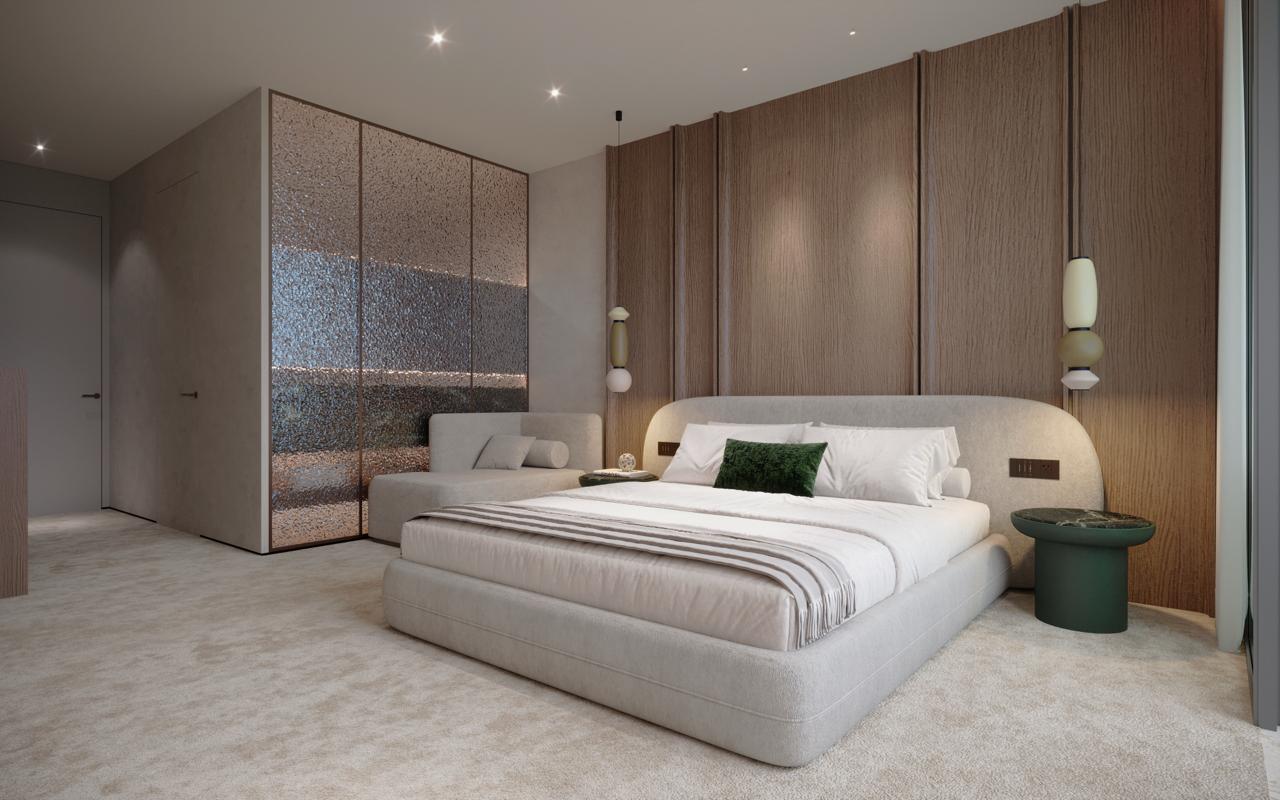 Bedroom with balcony and pendant lights